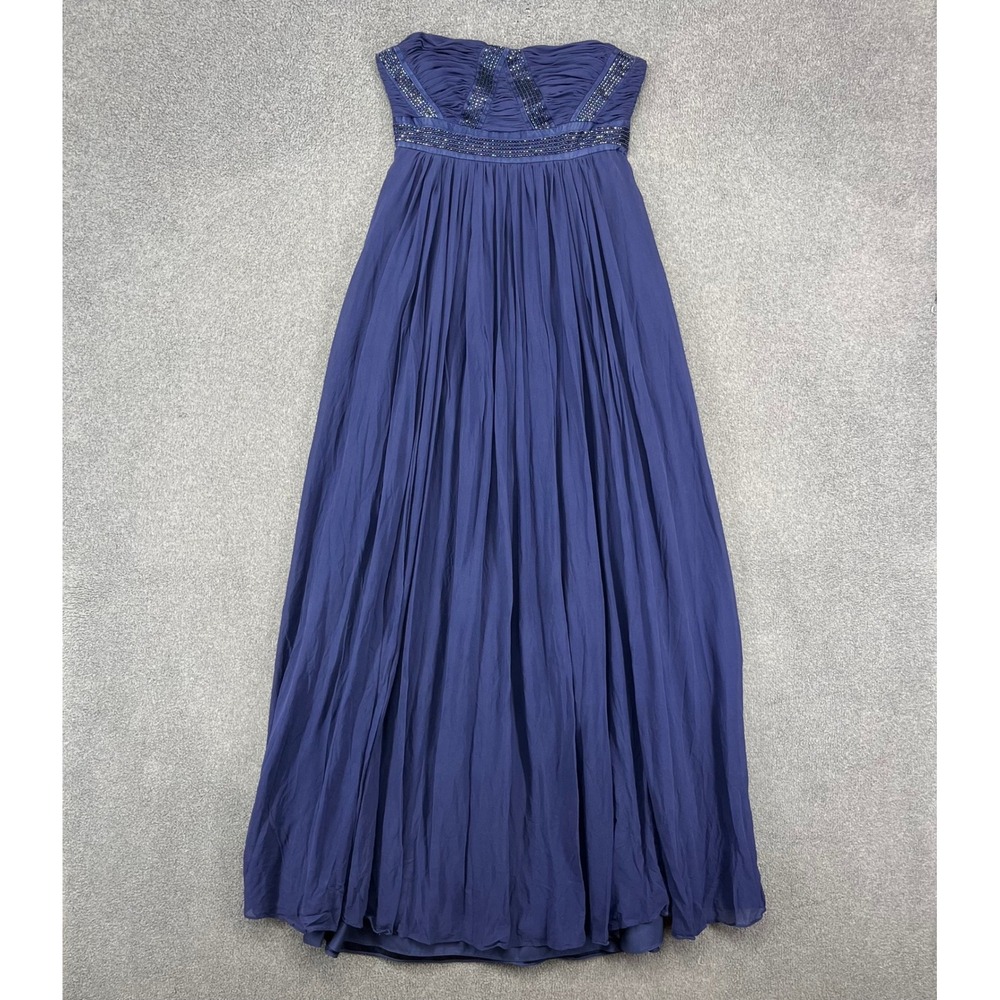 BCBGMAXAZRIA Gown Womens 0 Blue Silk Beaded Strapless Maxi Formal Prom Dress